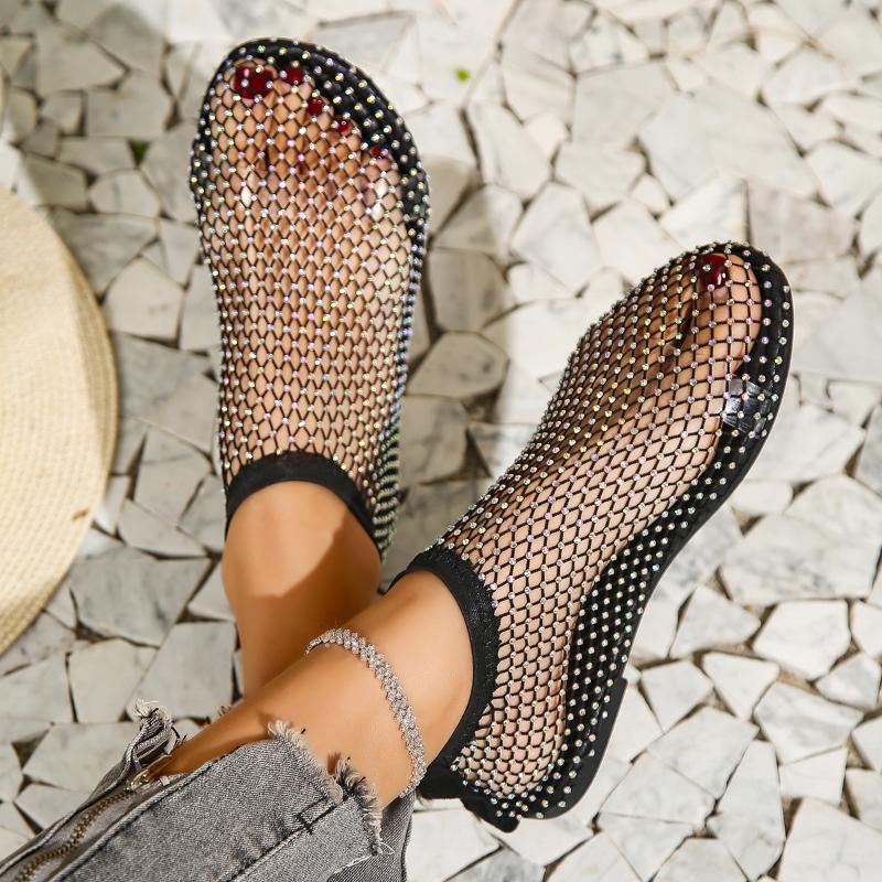 2025 Large Size Hollow Net Shoes Summer New Autumn Net Red Hundred with Foreign Gas Rhinestone Sandals a Foot Stirrups