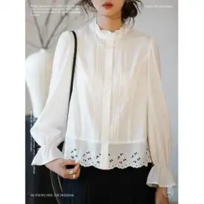 Women's French Romantic Blouse Ruffle Stand Collar Eyelet Lace Trim Flare Sleeve Vintage Cotton Shirt