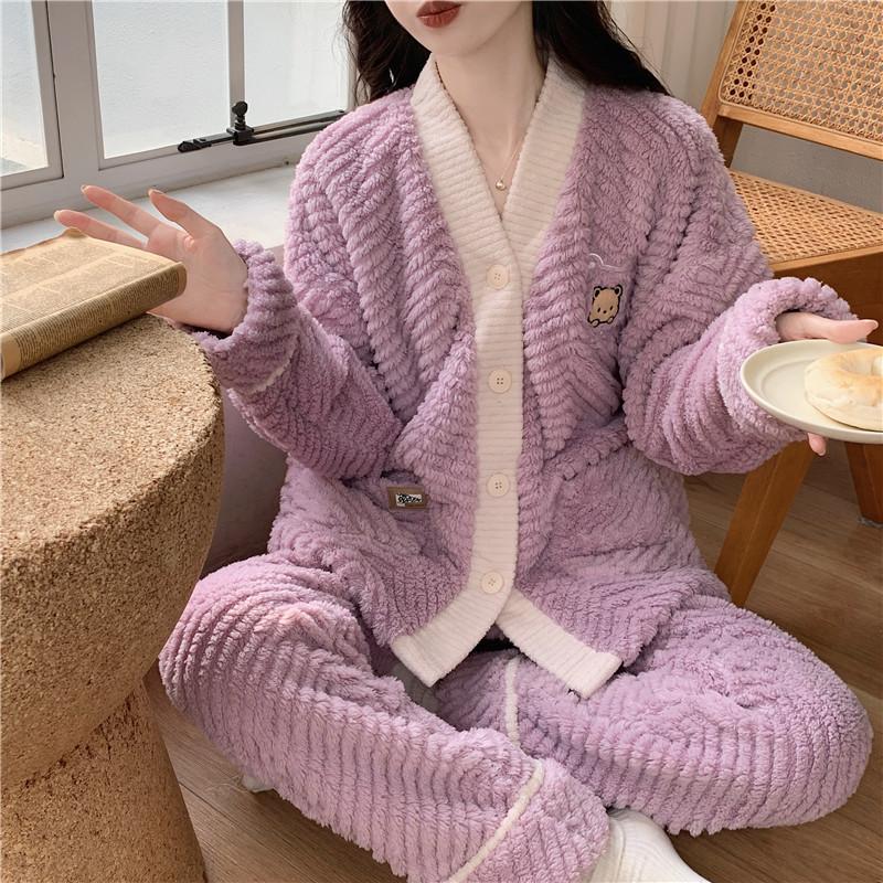 Autumn/Winter Coral Velvet Pajamas for Women Warm Casual Flannel with Velvet Thickened Can Be Worn Outside The Home Suit