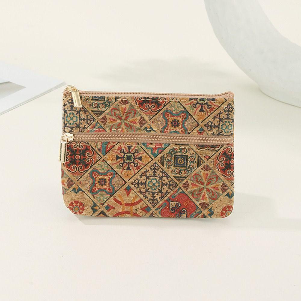 Fashion Cork Coin Purse Ethnic Style Double Layer Zipper Money Bag Luxury Retro Clutch Pocket Wallets
