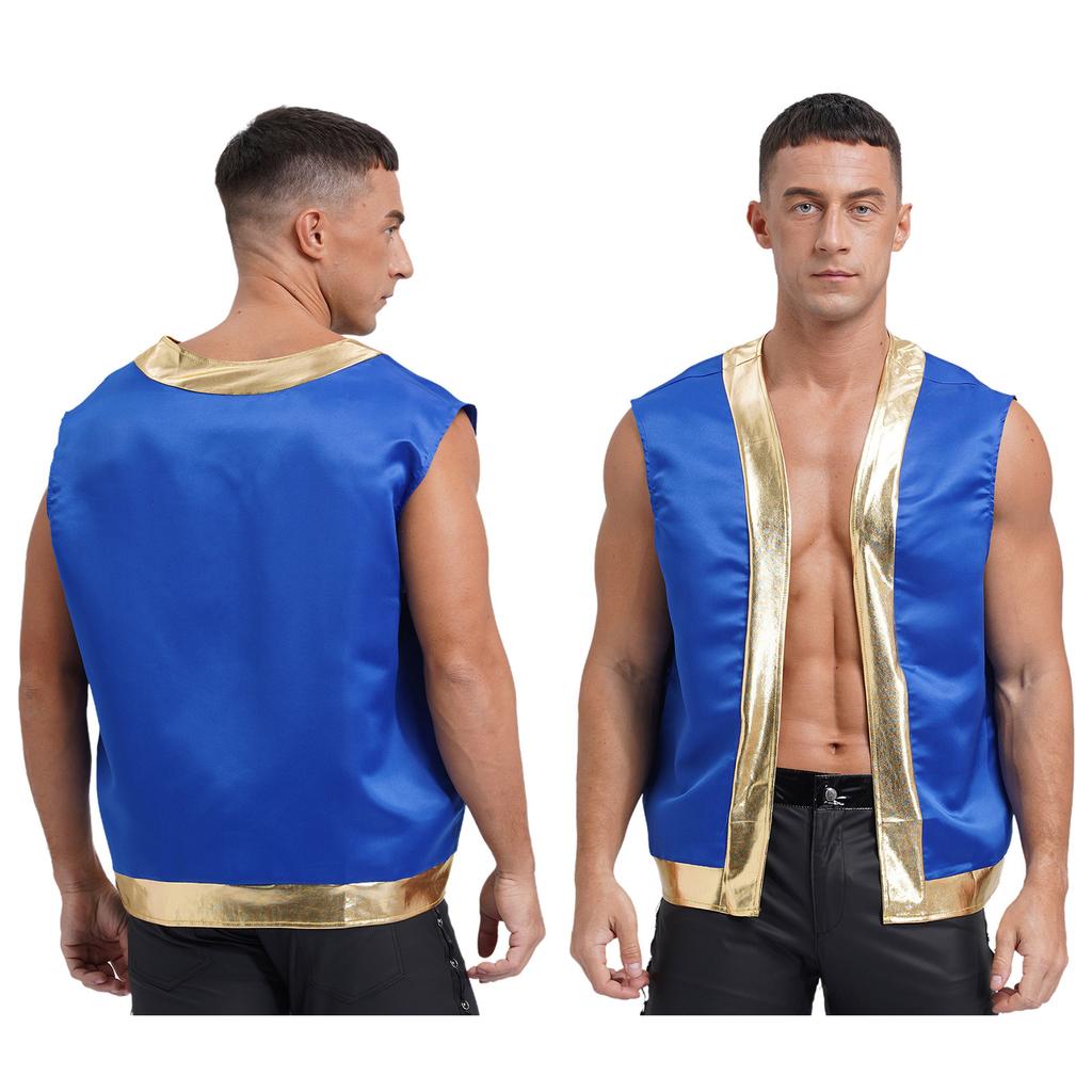 Mens Halloween Toad Vest Costumes Open Front Metallic Shiny Trim Contrast Waistcoat Cartoon Captain Cosplay for Party