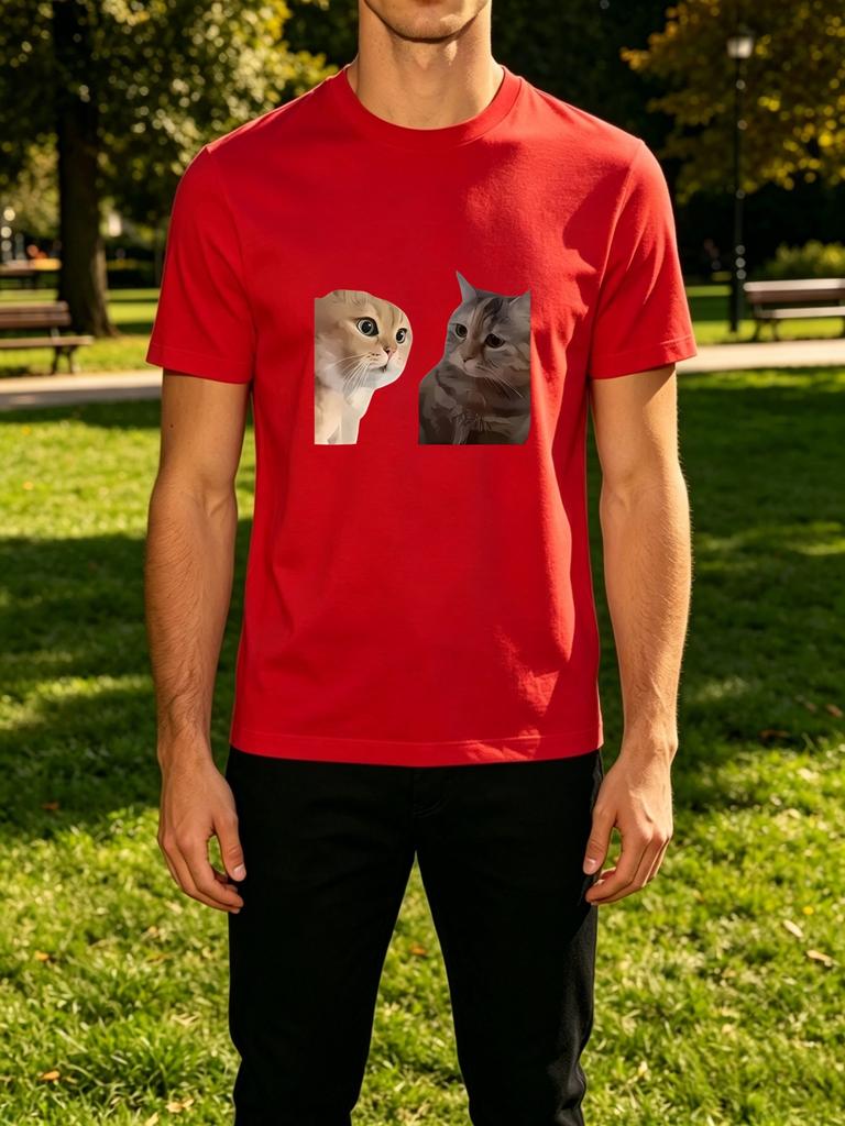 Unisexs Tee Two Cute Tabby Cat Portrait Art Print Cotton Short Sleeve Male Streetwear Summer Daily Casual Outdoor Basic Fashion Top