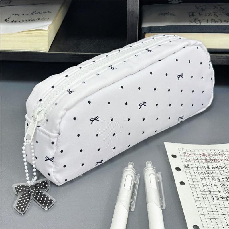Portable Cute Bow Pencil Case Polka Dot Aesthetic Stationery Pouch for College Students Travel Use