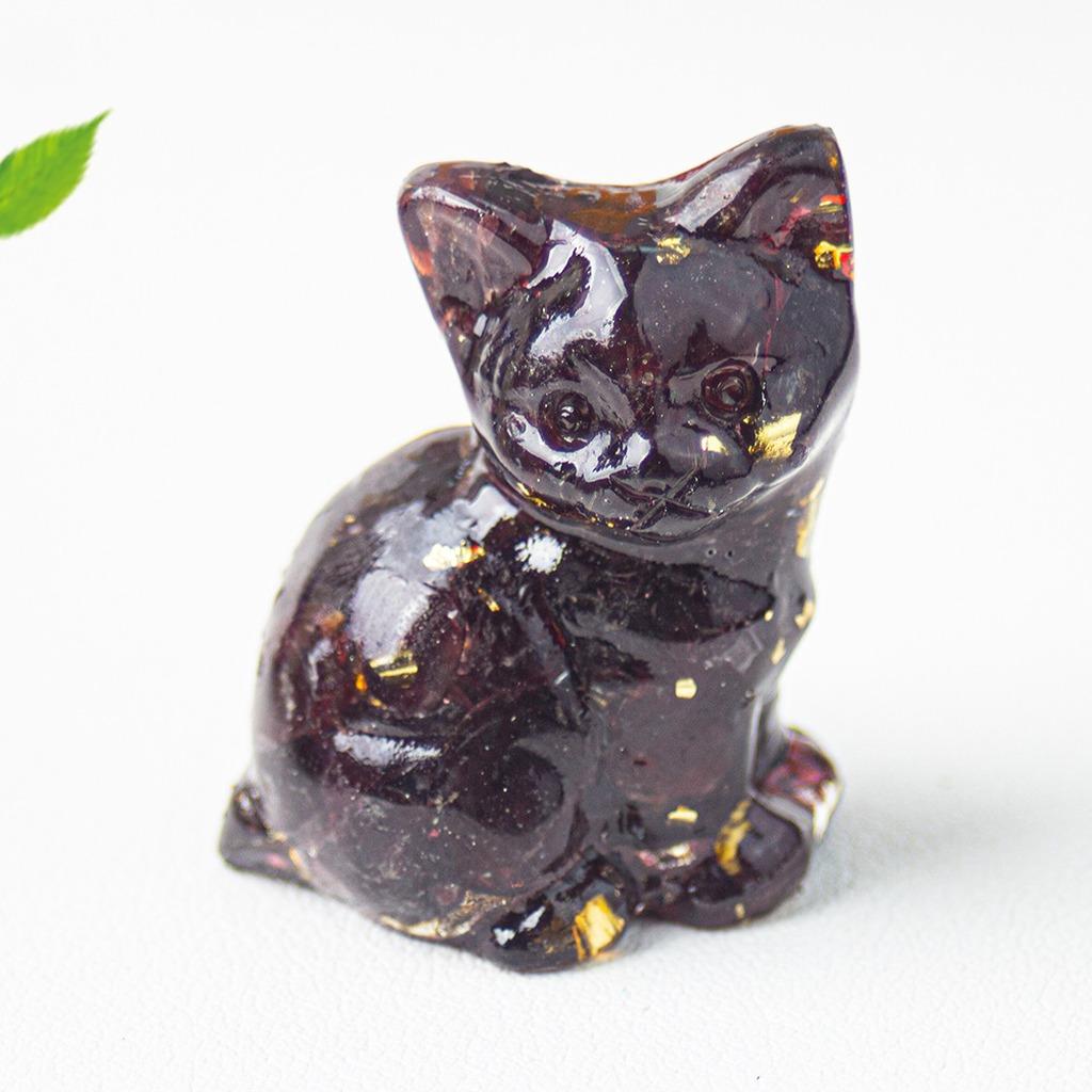 Natural Crystal Gravel Resin Sitting Turning Face Cat Figurine With Gold Foil Cute Desktop Decor For Home Office