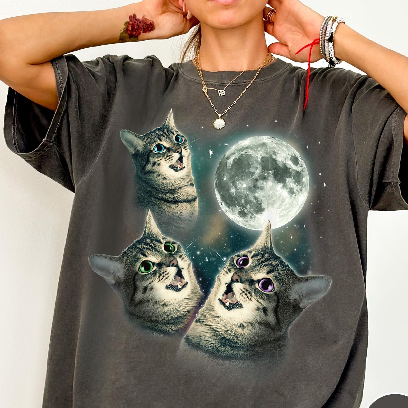 Retro Cats and Moon Comfort Colors® T-Shirt, 3 Cats Shirt, Cat Lover Gift, Funny Cat Graphic Tee, Oversized Tee S