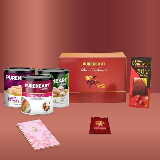 

PUREHEART Valentine’s Day Gift Hamper for Him & Her | Salted Cashews (333g), Pistachios (300g) & Sierra Trail Mix (454g) + Chocolate, Today Diary