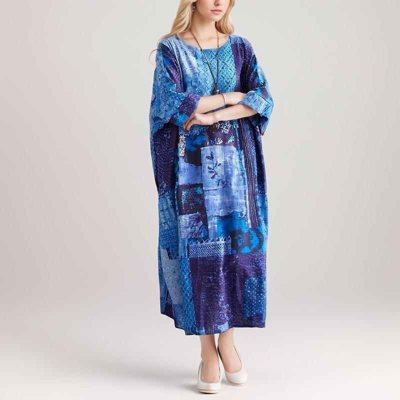 

DIMANAF 2024, женское платье больших размеров, льняное платье с цветочным принтом, пляжный праздничный летний сарафан, платье макси, свободный дизайн, синее длинное платье 5XL One Size синий