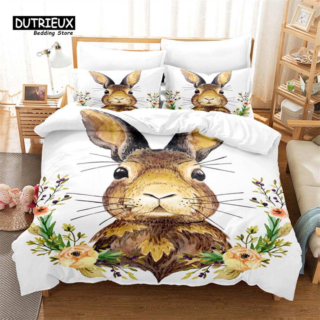 Bunnies Duvet Cover Mushroom Floral Bedding Set Cute Animal Rabbit Quilt Cover Twin Size Greetings and Presents for Easter Day