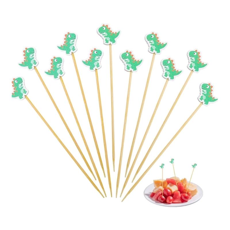 100pcs Cute Dinosaur Wooden Skewers 12cm Party Food Sticks Decorative Drink Picks for Themed Celebration