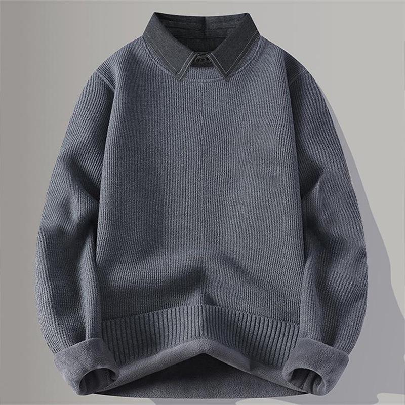 Herren Neuankunft Revers 2-in-1 Langarm Einfarbig Plus Samt Dick Gestrickter Pullover