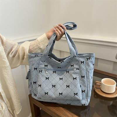 Bow Pattern Commuting Bag Corduroy Handbag Large Capacity Women Tote Bag Multi-pockets Fashion Shoulder Bag Casual Underarm Bags