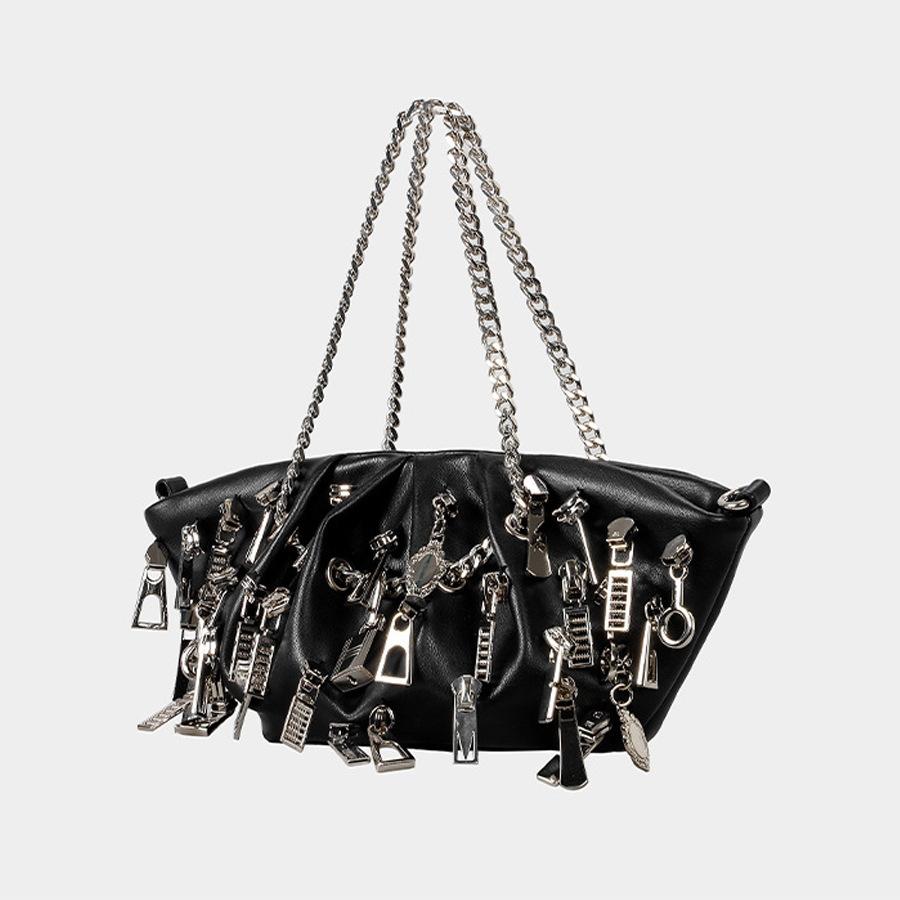 Punk Falten Knödel Achseltasche Mehrfach-Reißverschlusskopf Dekorative Damen-Schultertasche Babes Tragetasche