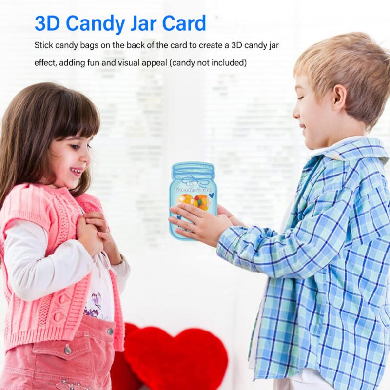 Kids Valentines Cards Set - 30 Jar Designs with Adhesive & Bags