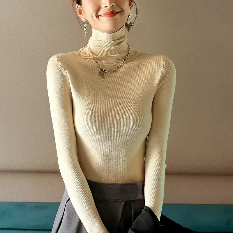 2024 Women's Versatile Slimming Turtleneck Knit Top - Semi-High Neck, Long Sleeve for Spring, Autumn, Winter.