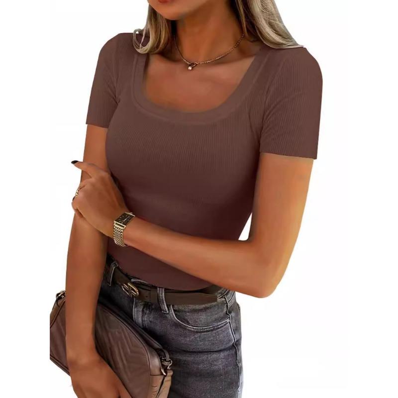Moda feminina casual verão primavera cor sólida estampa manga curta gola em U blusas e camisas