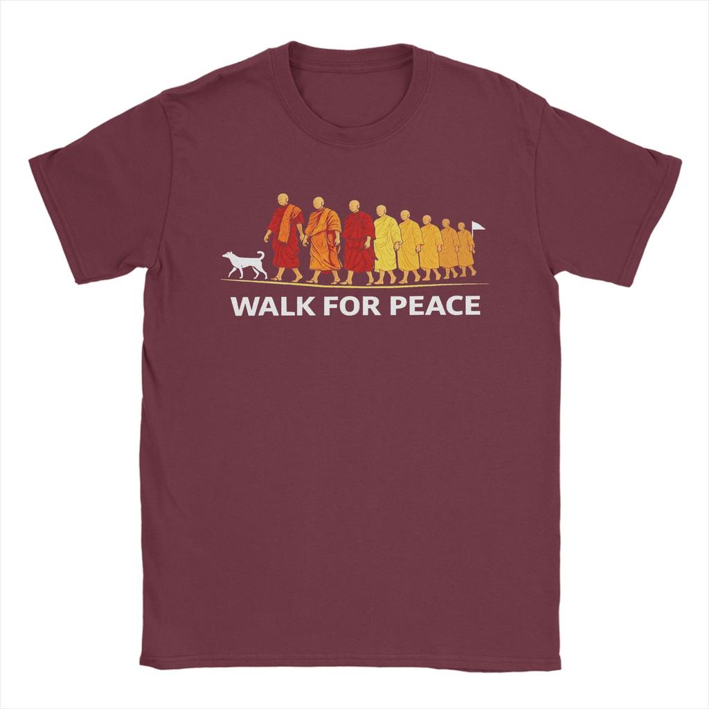 Unisex T-Shirt Retro Walk for Peace Mönche mit Aloka Hund Minimalistisch Zen Lässig Baumwolle T-Shirt Rundhals Kleidung Geschenk