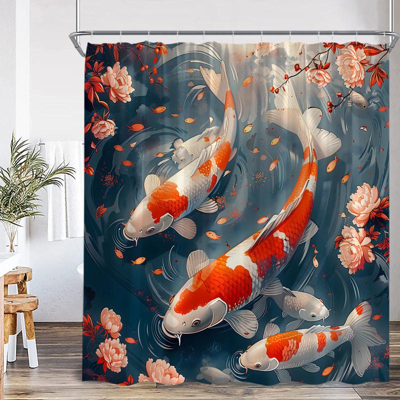 Japanese Style Shower Curtain Pink Cherry Blossom Floral White Crane Mountain Koi Carp Ink Scenery Modern Bathroom Curtain Decor