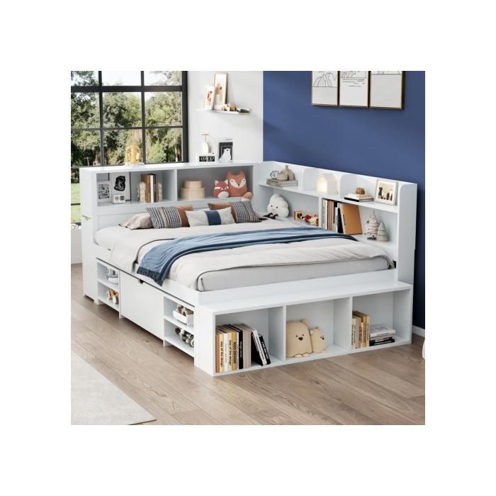 Kinderbett - MUVOE - 140x200 cm - Weiß - Lattenrost - Integrierter Stauraum