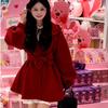 Women's Stylish Red Hooded Woolen Coat - Autumn/Winter Design, Tie-Up Waist, Unique, Sophisticated Overcoat