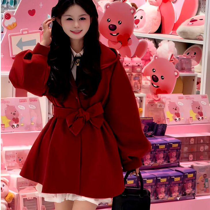 Women's Stylish Red Hooded Woolen Coat - Autumn/Winter Design, Tie-Up Waist, Unique, Sophisticated Overcoat
