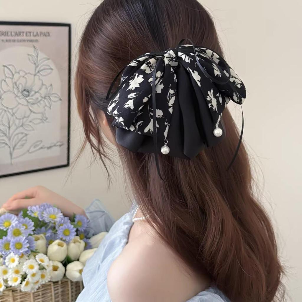 Koreanische florale Schleifen-Klauen-Haarspange für Frauen - Süßer Stil, Halboffene Hochsteckfrisur, Ponytail-Accessoire