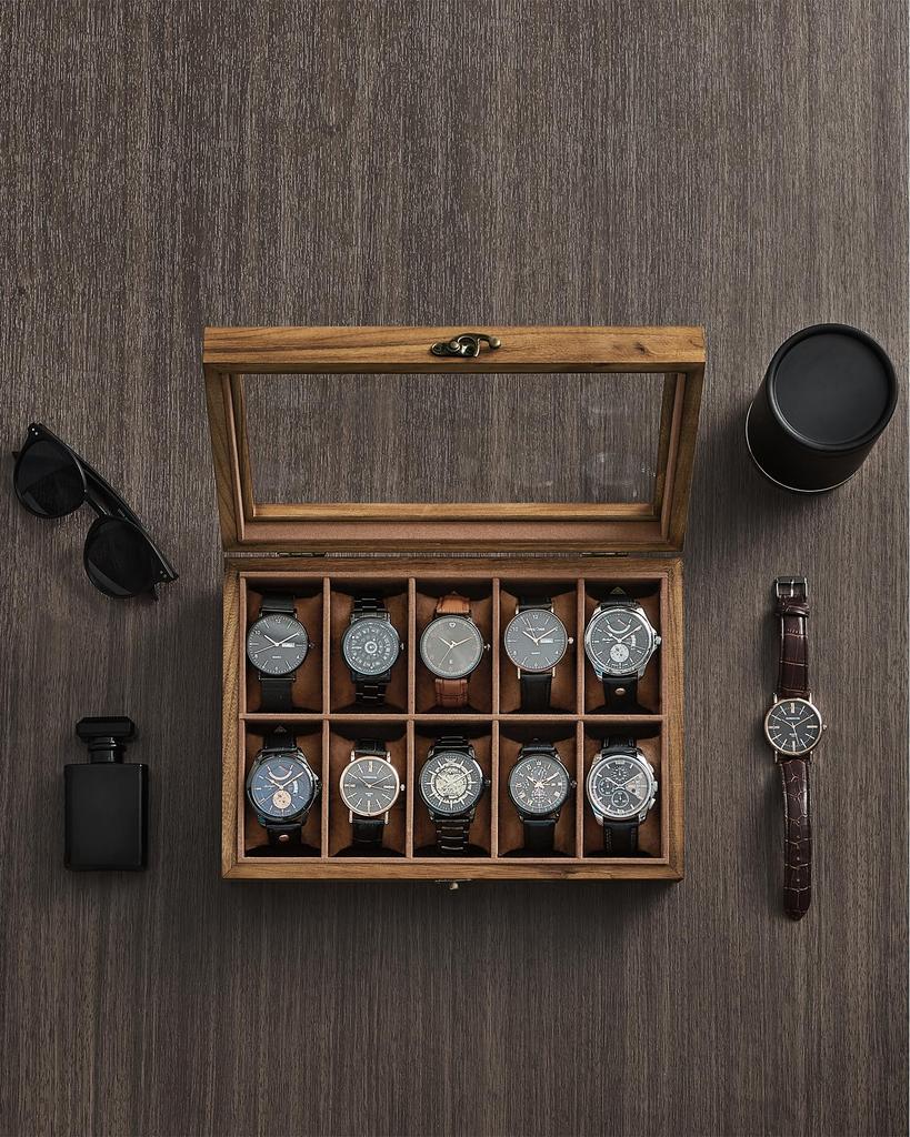 SONGMICS Watch Case for 10 Wooden Watch Collection Case with Transparent Watch Accessory Day Birthday Celebration JOW100K01 Watches, Storage, Window,