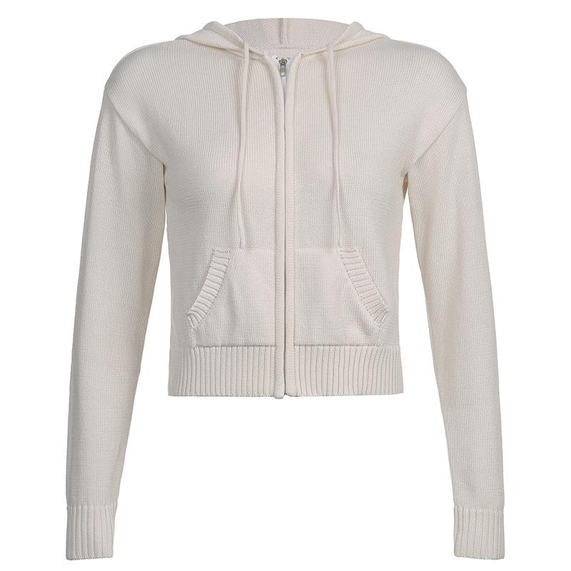 Autumn and Winter Women's Warm Hooded Zip Cardigan Pockets Solid Colour Jacket Short Temperament Tops