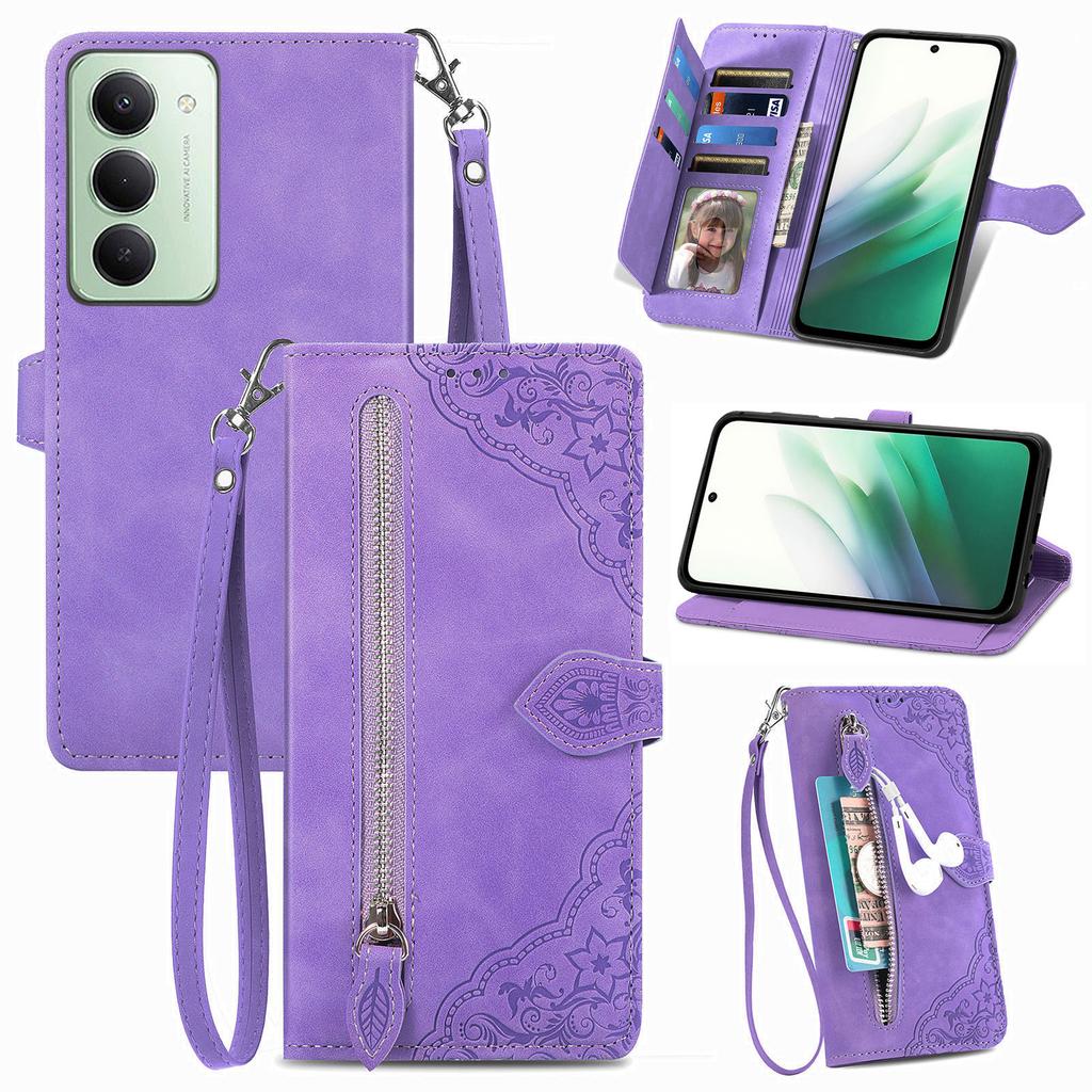 For Xiaomi Redmi 15 5G (Global) (169mm) Zipper Wallet Case with Strap Flower Imprint PU Leather Phone Cover