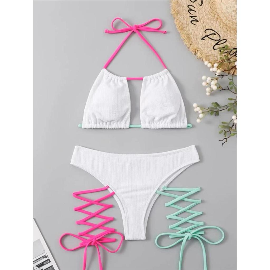 Bein Wrap Um Halter Mid Taille Bikini Weiblichen Badeanzug Frauen Bademode Zwei-stück Bikini set Badende Badeanzug Schwimmen dame