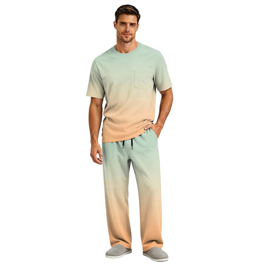 Men's Short Sleeve Pajama Set with Button Fly and Elastic Drawstring Waist