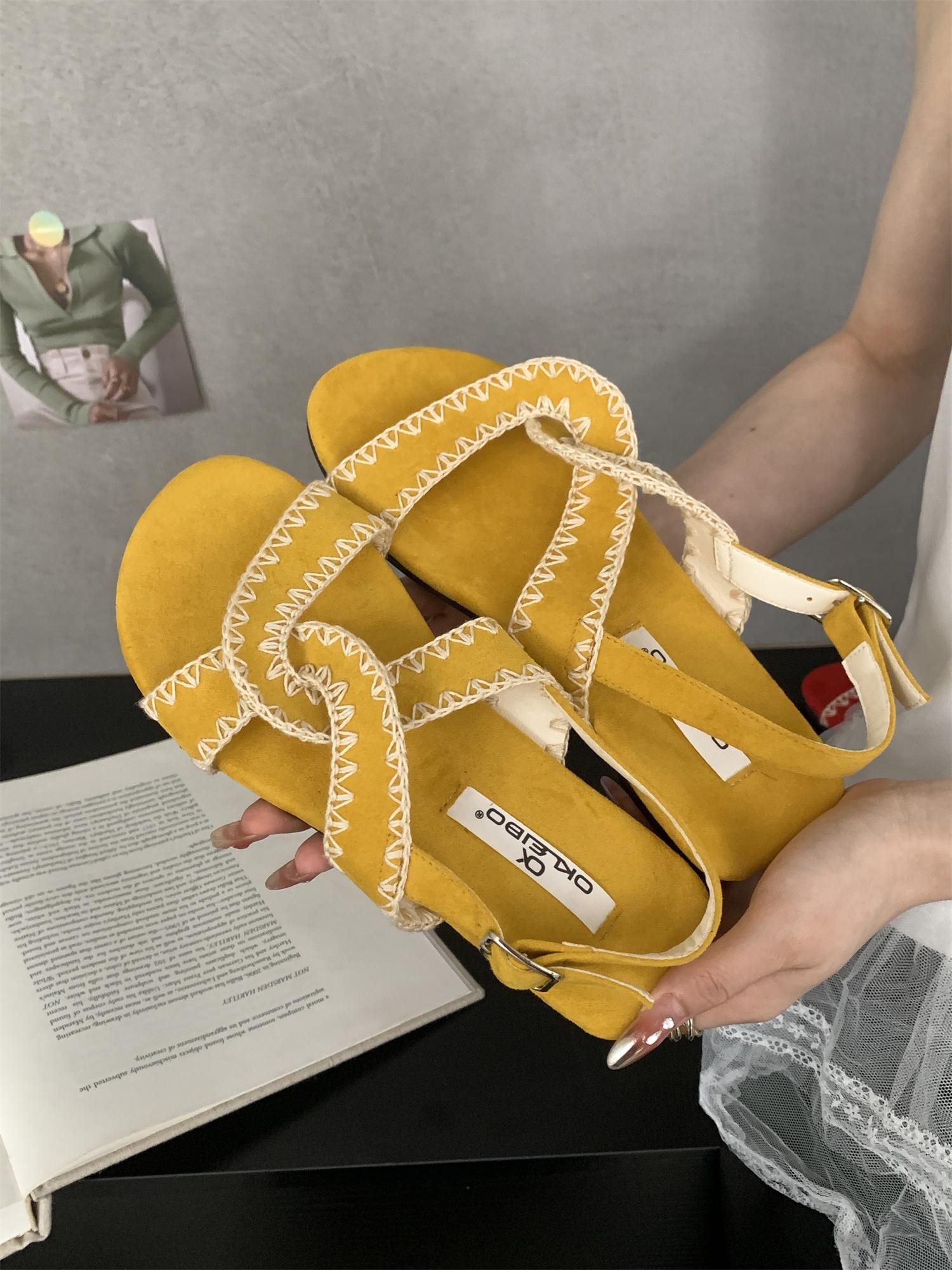 

Retro vacation wind open-toed sandals fairy shoes 2025 new summer with skirt beach shoes red roman shoes 40 жёлтый