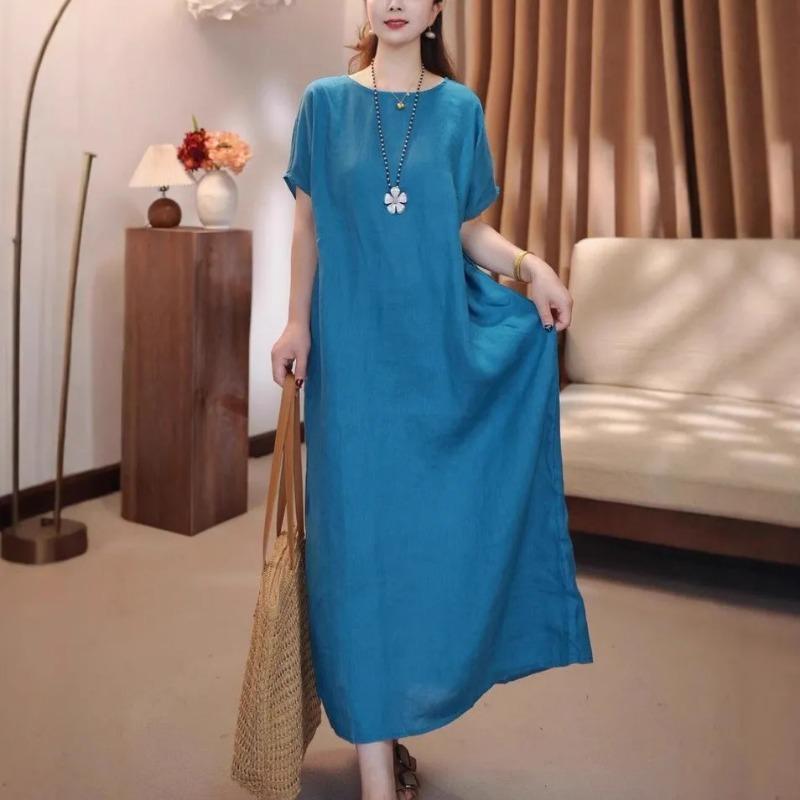 Womens Solid Color Crew Neck Short Sleeve Linen Blend Maxi Dress