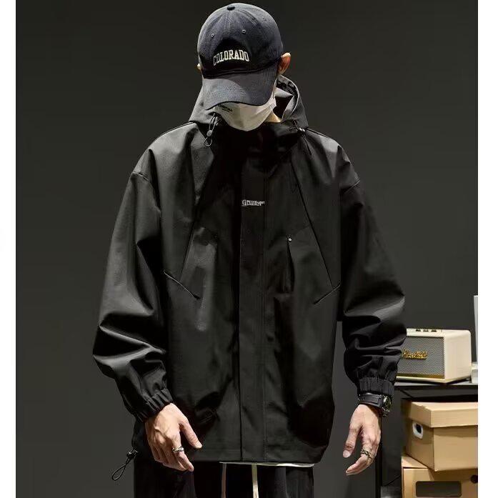 

Men s Hooded Windbreaker: Trendy American Style, Functional Loose Fit for Spring, Autumn, Winter 3XL чорний
