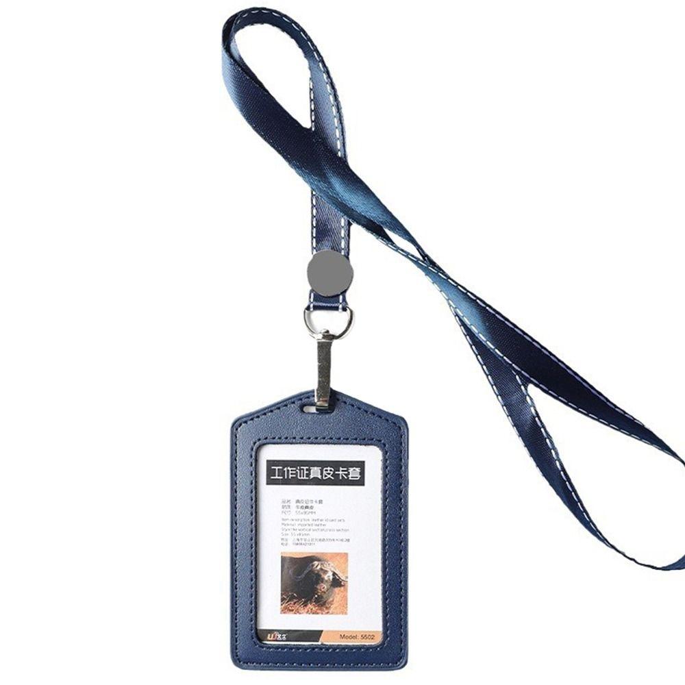 High Quality Genuine Leather Work Card Holder With Neck Lanyard Solid Color ID Badge Holders Office Worker Supplies