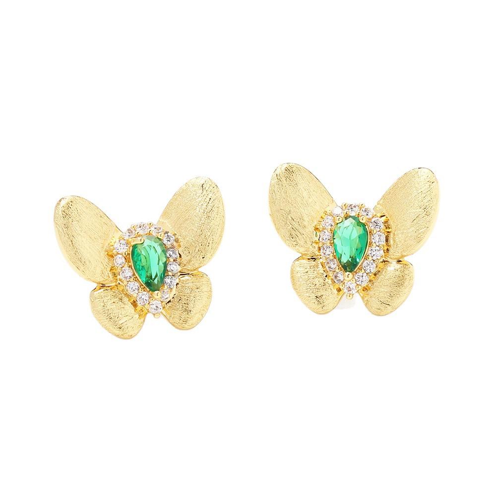 New product design brushed gold butterfly stud red green two-color insect earrings 925 silver needle earrings for women