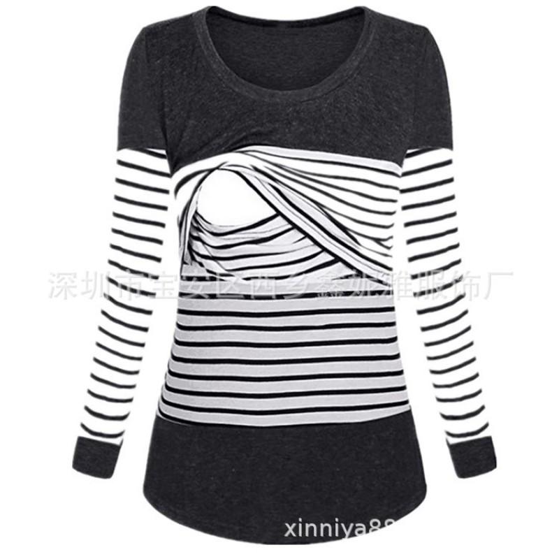 Womens Postpartum Nursing Top Striped Loose Long Sleeve T-Shirt Maternity Breastfeeding