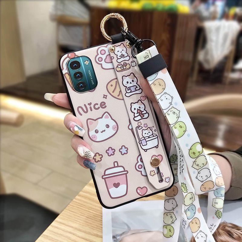 Lanyard Cute Phone Case For Nokia G11/G21 Cartoon Wrist Strap Shockproof Silicone Protective Kickstand Dirt-resistant