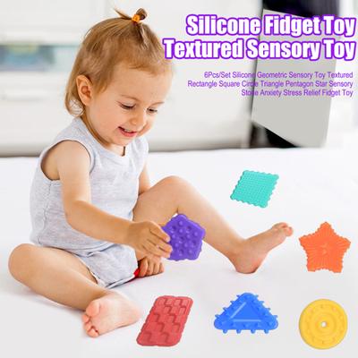 6Pcs/Set Silicone Geometric Sensory Toy Textured Rectangle Square Circle Triangle Pentagon Star Sensory Stone Anxiety Stress Relief Fidget Toy