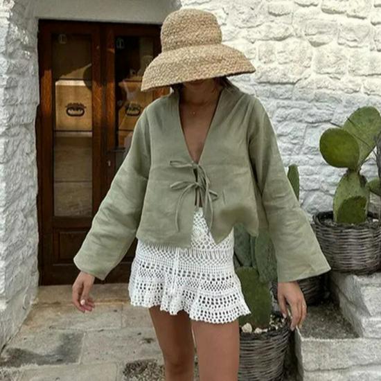 Spring/Summer Trendy Deep V Trumpet Sleeve Tie Top - European & American Women's Fashion