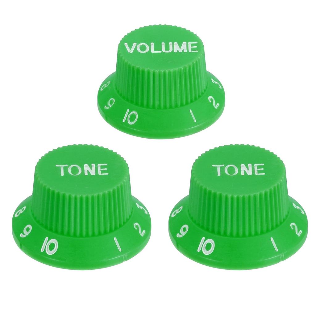uxcell Set Metric Top Hat Bell Knobs 1 Volume 2 Tone Control Guitar Knob Set for Electric Guitar Bass Split Shaft Pots Green White 3-Piece