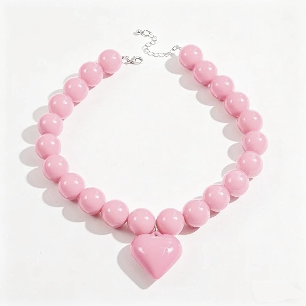 Acrylic Beaded Necklace Round Clavicle Chain Chunky Style Heart Pendant Choker  For Women