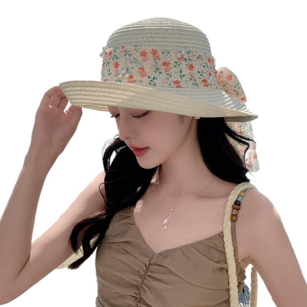 Breathable Flower Fisherman Cap Large Brim Wide Brim Sun Hat Fashion Lace Bowknot Straw Hat  Beach