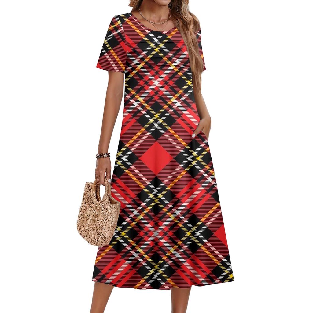 Ladies' Plaid Printed Casual And Fashionable Short Sleeved Round Neck Dress