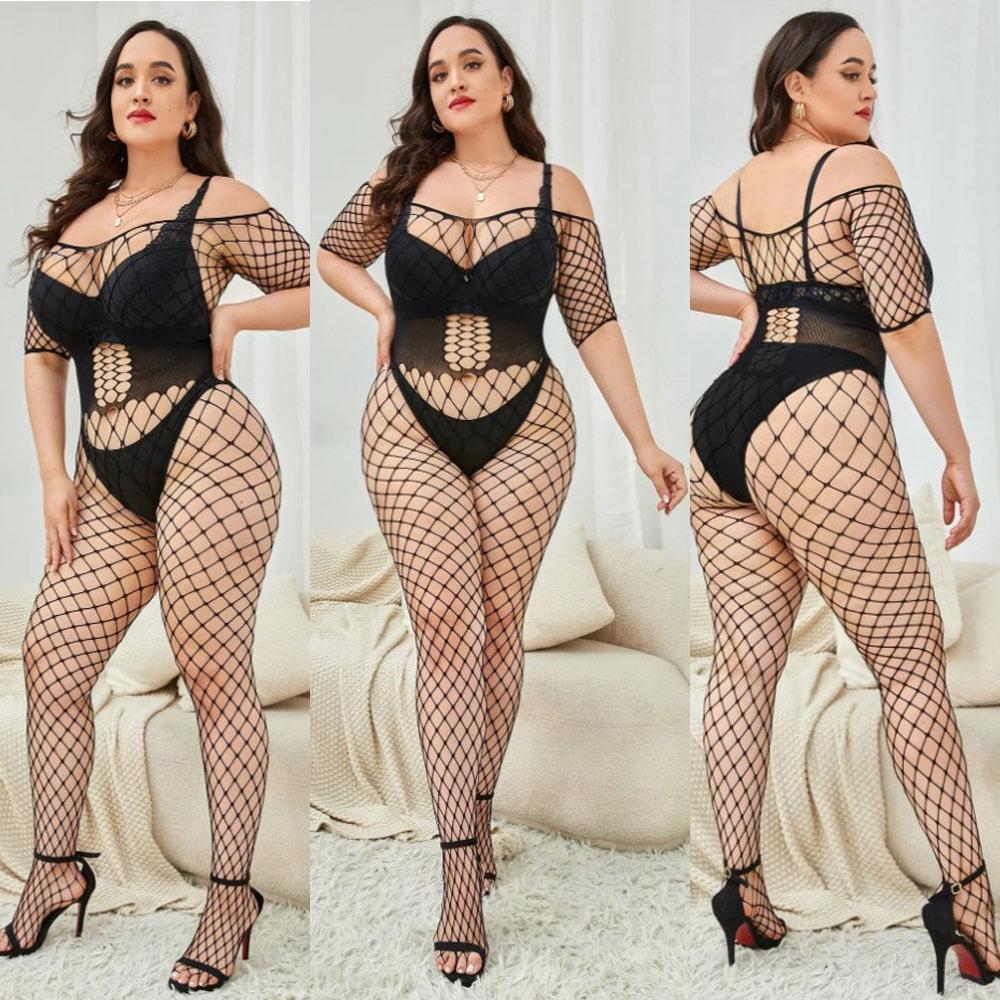 Plus Size Sexy Fishnet Bodysuits Hot Women Mesh Bodystockings Lingerie Erotic Jumpsuit Ladies Porn Costume Crothless Tighties