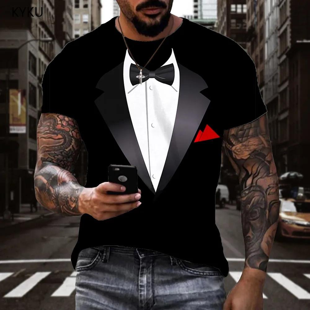 Summer Men's TuxedoRetro Tie Suit Bow Tie 3d Print T-shirt Casual Short-sleeved Street Funny Fake Suit Top