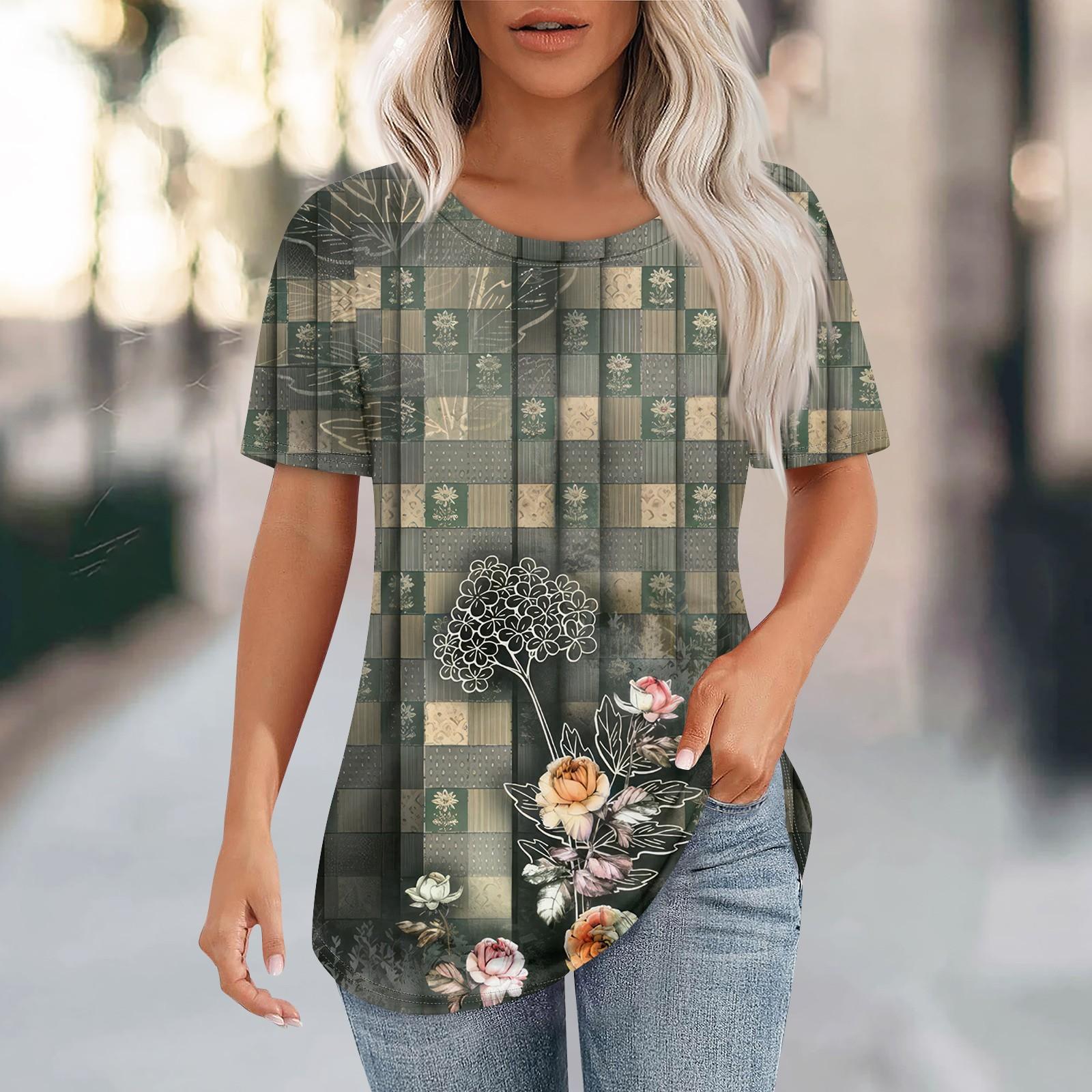 

Футболки для женщин, плиссированные, с круглым вырезом, нарядные, повседневные, блузки с принтом, с коротким рукавом, летние топы, свободный крой XXXL