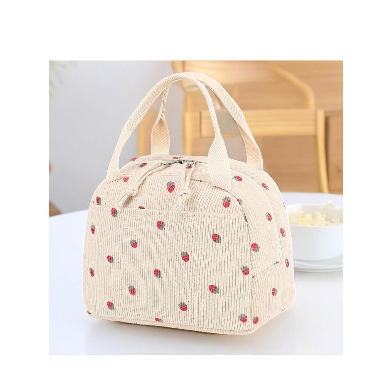 Strawberry Corduroy Large Capacity Insulated Lunch Bag for Travel & Picnic