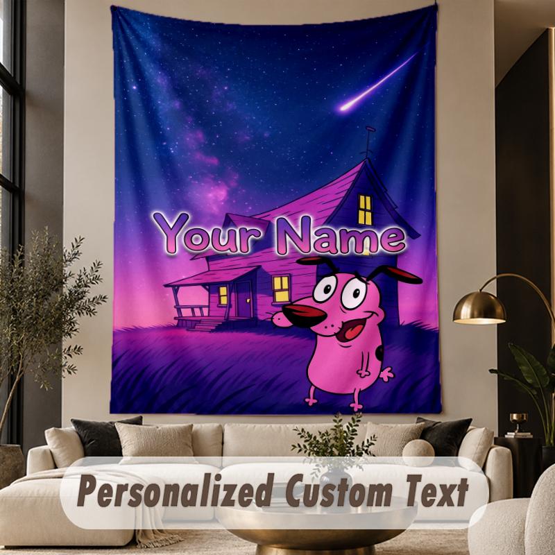 Custom Text Printed Tapestry Courage the Cowardly Dog Pattern Large Wall Hanging Indoor Room Decor