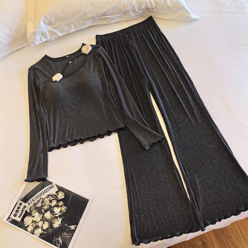 High-End Korean Spring & Autumn Women's Modal Cotton Home Wear Set with Rose Design and Chest Pad