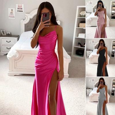 Abendkleid für Damen, tief ausgeschnitten, V-Ausschnitt, ärmellos, Spaghettiträger, Satin, plissiert, hoher Schlitz, einfarbig